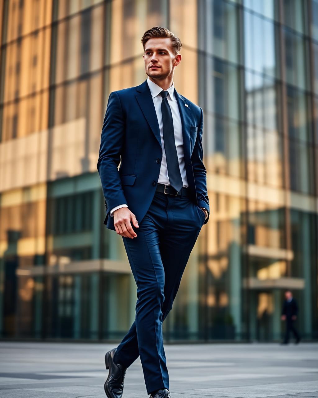 AI-generated full-body image of a male model in a navy business suit walking past a glass office tower