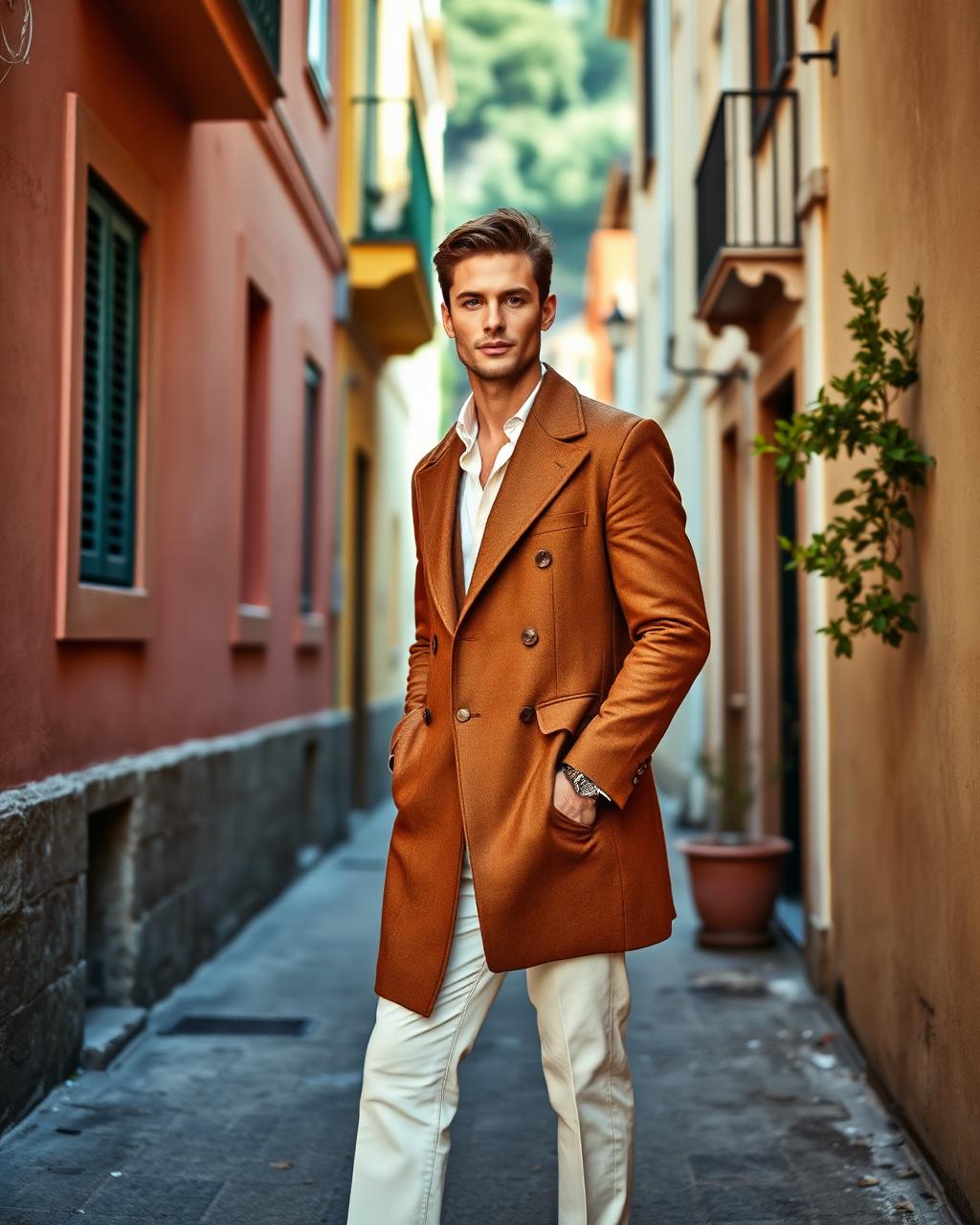 AI-generated full-body image of a male model in a tobacco Neapolitan sport coat on an Amalfi coast street