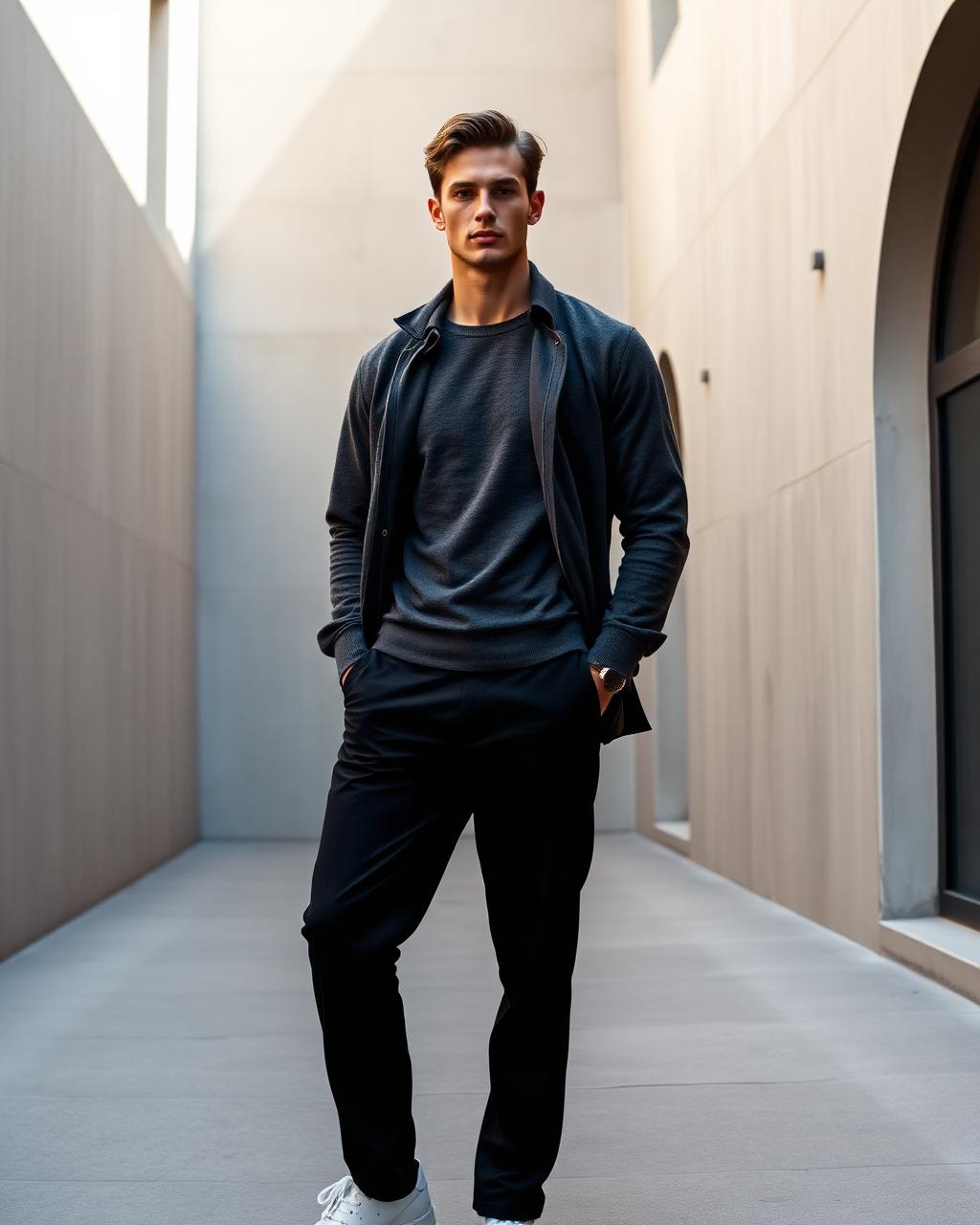AI-generated full-body image of a male model in a charcoal cashmere overshirt in a concrete gallery courtyard