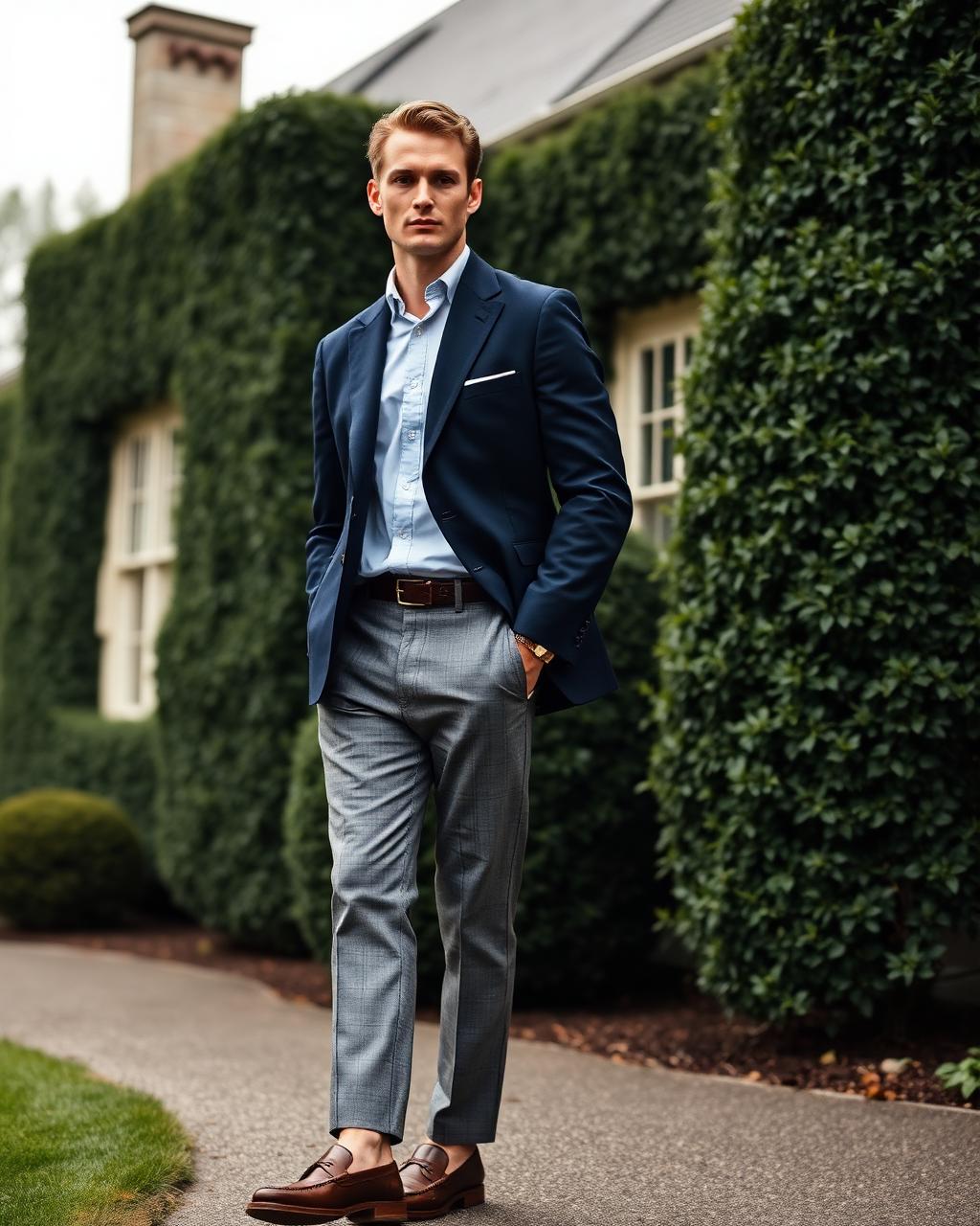 AI-generated full-body image of a male model in a navy blazer and grey flannels outside an ivy-covered country estate