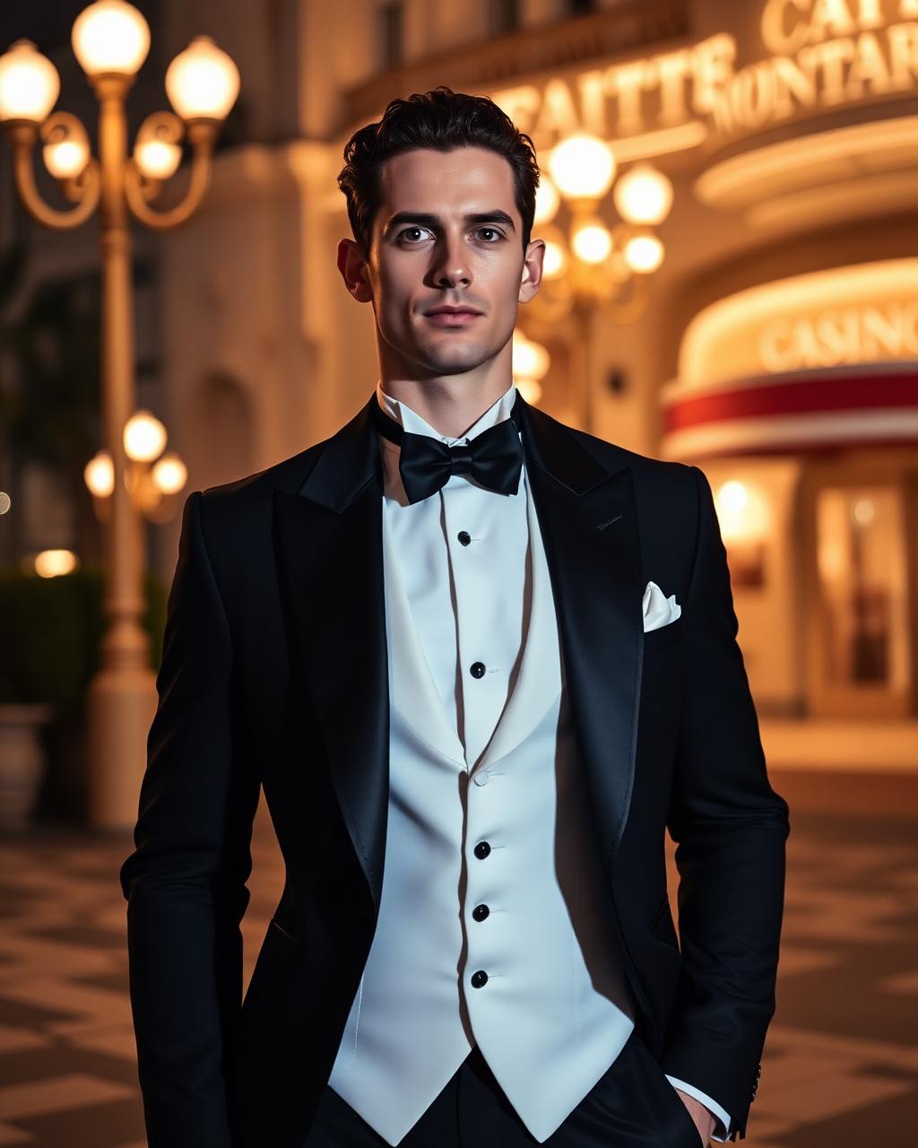 AI-generated full-body image of a male model in a black peak-lapel tuxedo outside the Casino de Monte-Carlo at night