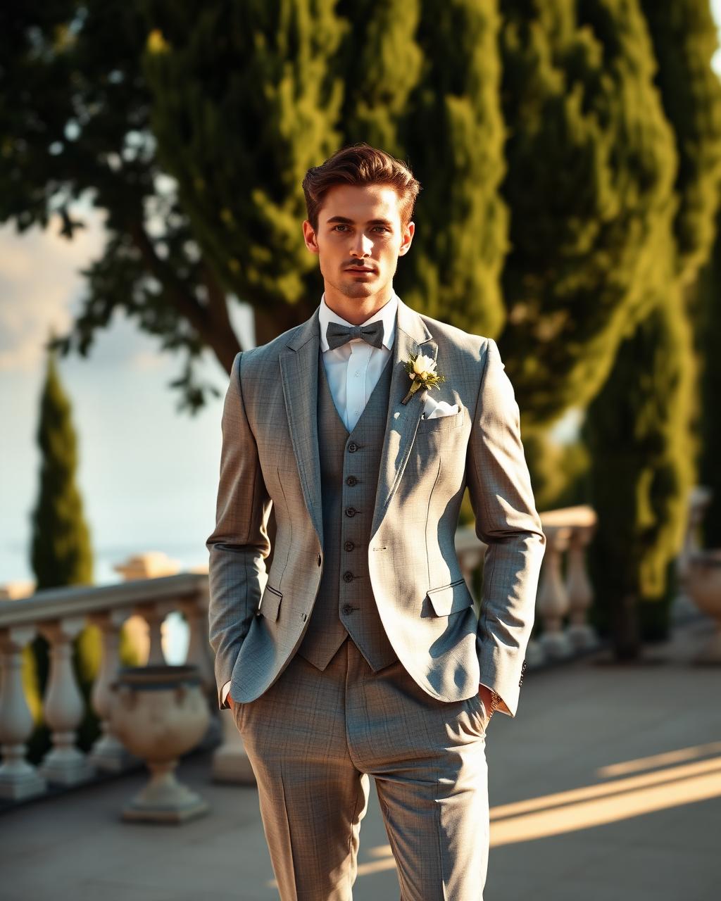 AI-generated full-body image of a male model in a light grey three-piece wedding suit on a Lake Como villa terrace